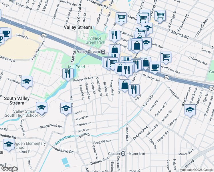 map of restaurants, bars, coffee shops, grocery stores, and more near 89 Berkley Street in Valley Stream