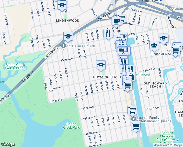 map of restaurants, bars, coffee shops, grocery stores, and more near 159-31 87th Street in Queens