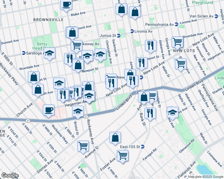 map of restaurants, bars, coffee shops, grocery stores, and more near 41 New Lots Avenue in Brooklyn