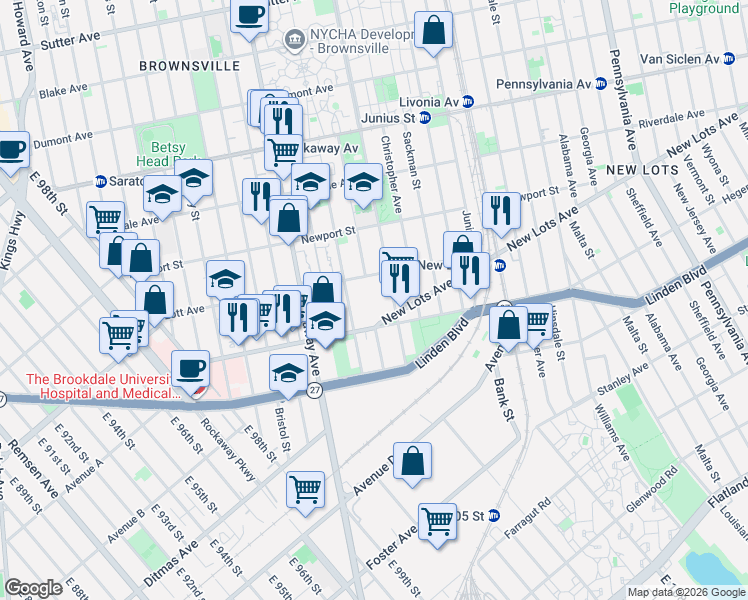 map of restaurants, bars, coffee shops, grocery stores, and more near 187 Hegeman Avenue in Brooklyn
