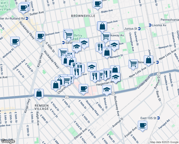 map of restaurants, bars, coffee shops, grocery stores, and more near 75 Lott Avenue in Brooklyn