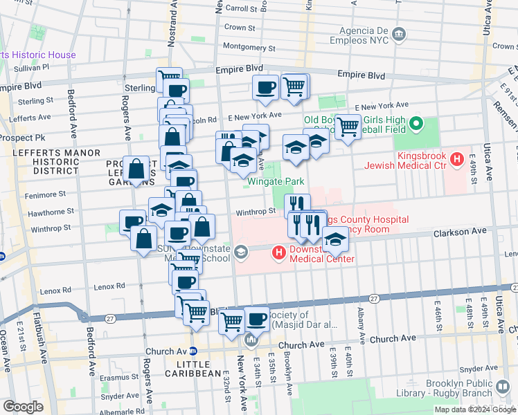 map of restaurants, bars, coffee shops, grocery stores, and more near 443 Winthrop Street in Brooklyn