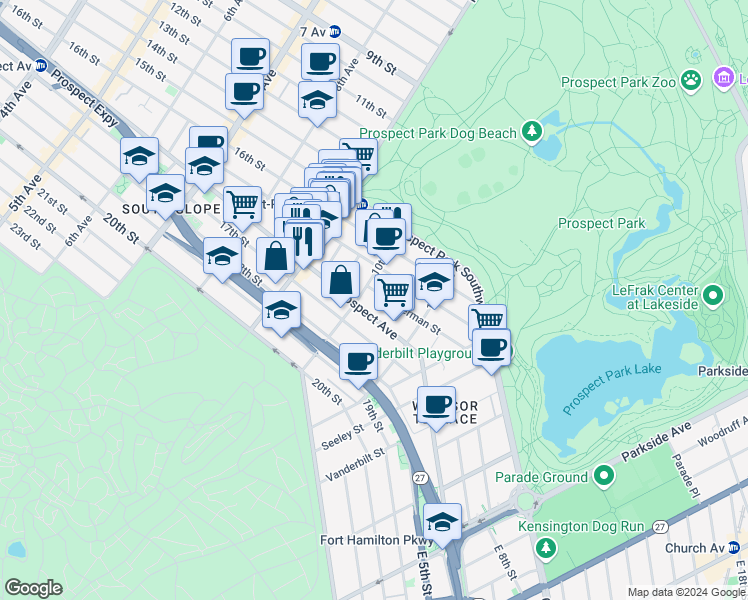 map of restaurants, bars, coffee shops, grocery stores, and more near 22 Sherman Street in Brooklyn