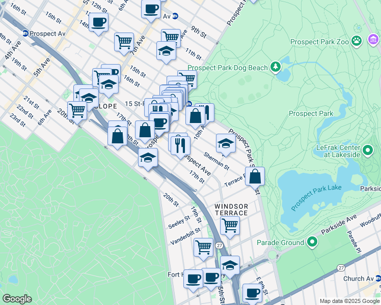 map of restaurants, bars, coffee shops, grocery stores, and more near 22 Sherman Street in Brooklyn
