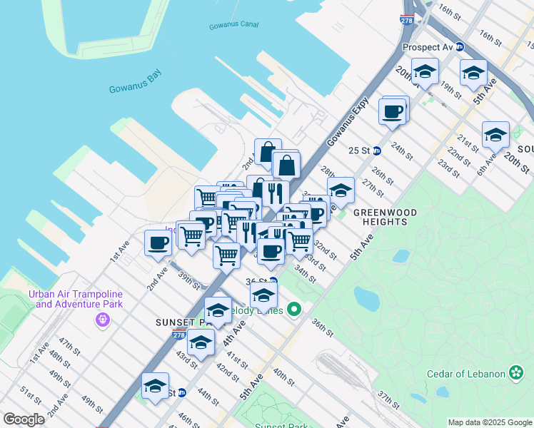 map of restaurants, bars, coffee shops, grocery stores, and more near 871 3rd Avenue in Brooklyn