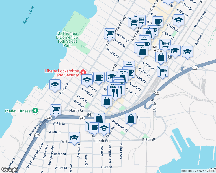 map of restaurants, bars, coffee shops, grocery stores, and more near 32 West 13th Street in Bayonne