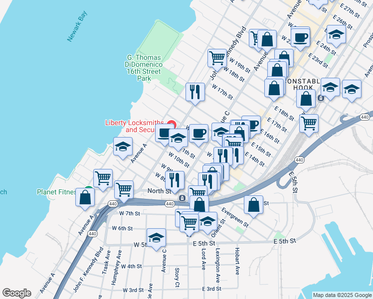 map of restaurants, bars, coffee shops, grocery stores, and more near 77 West 11th Street in Bayonne