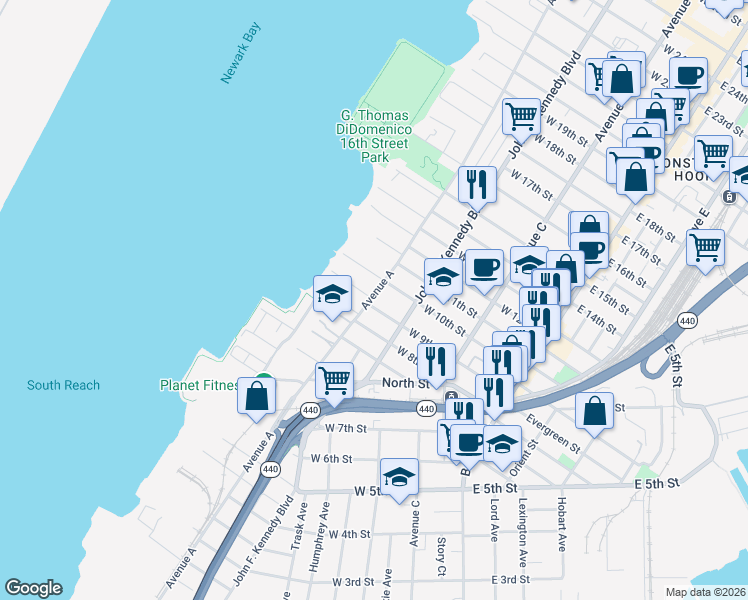 map of restaurants, bars, coffee shops, grocery stores, and more near 125 West 9th Street in Bayonne