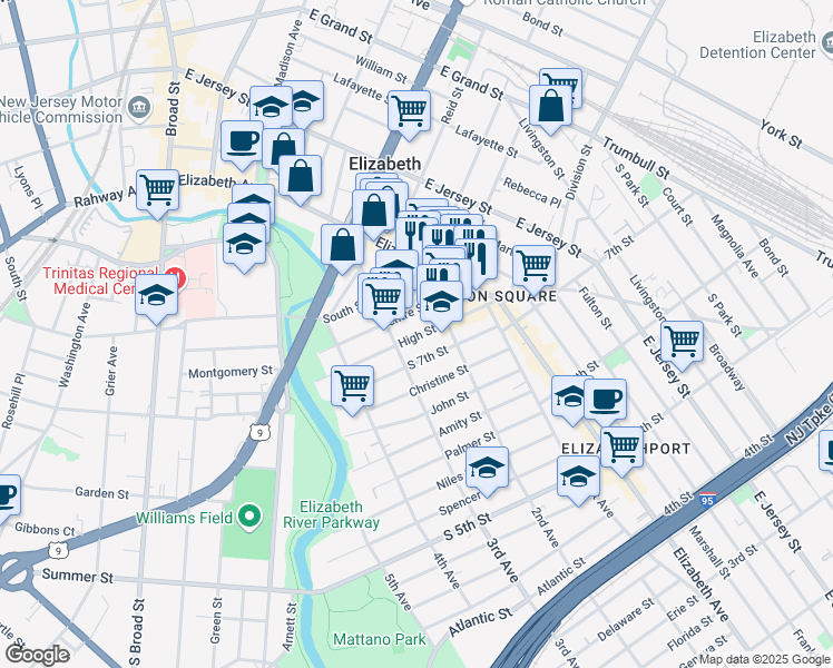 map of restaurants, bars, coffee shops, grocery stores, and more near 214 High Street in Elizabeth