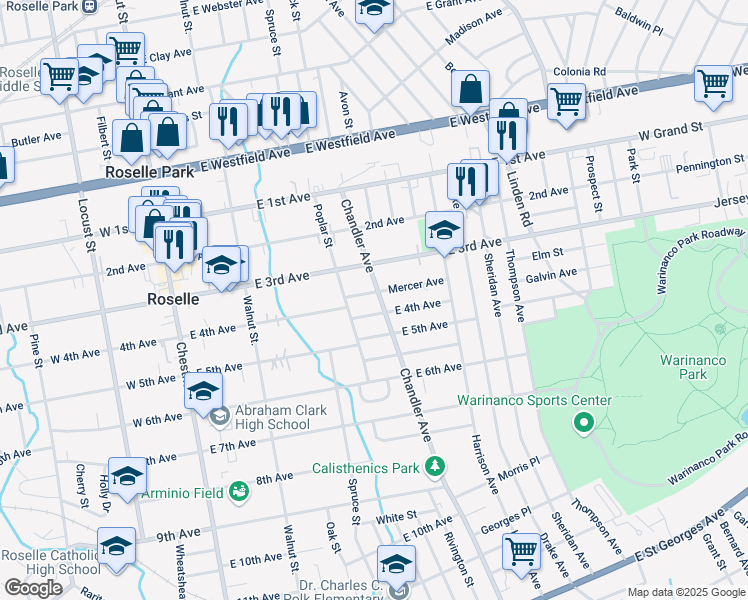 map of restaurants, bars, coffee shops, grocery stores, and more near 322 Mercer Avenue in Roselle