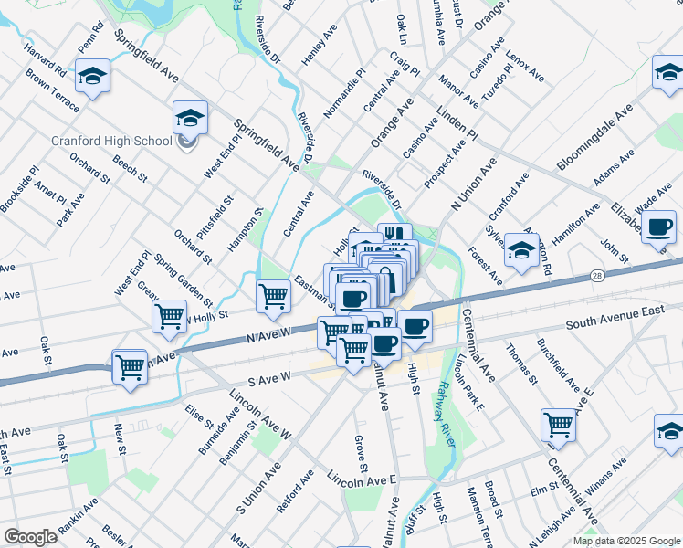 map of restaurants, bars, coffee shops, grocery stores, and more near in Cranford