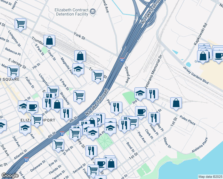 map of restaurants, bars, coffee shops, grocery stores, and more near 120 Port Avenue in Elizabeth