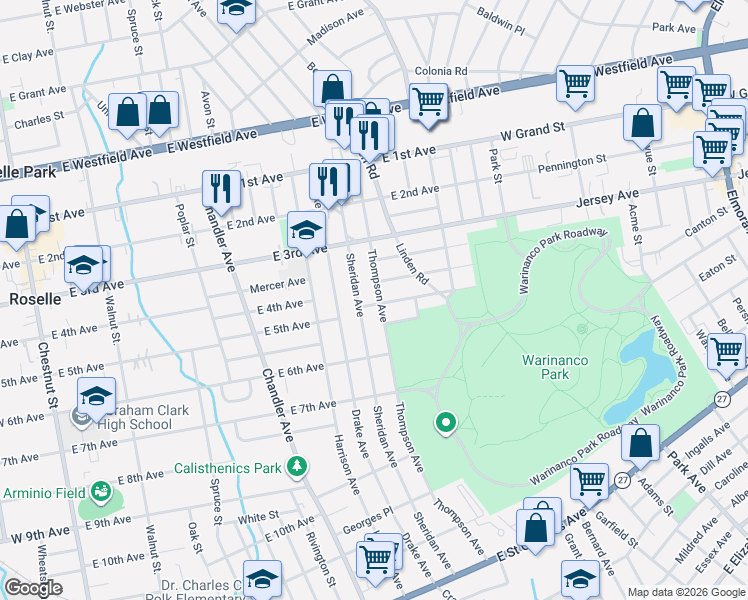 map of restaurants, bars, coffee shops, grocery stores, and more near 412 Thompson Avenue in Roselle