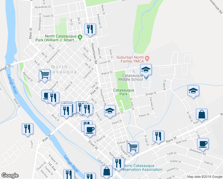 map of restaurants, bars, coffee shops, grocery stores, and more near 534 Kurtz Street in Catasauqua