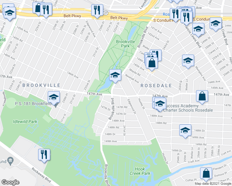 map of restaurants, bars, coffee shops, grocery stores, and more near 239-11 147th Avenue in Queens