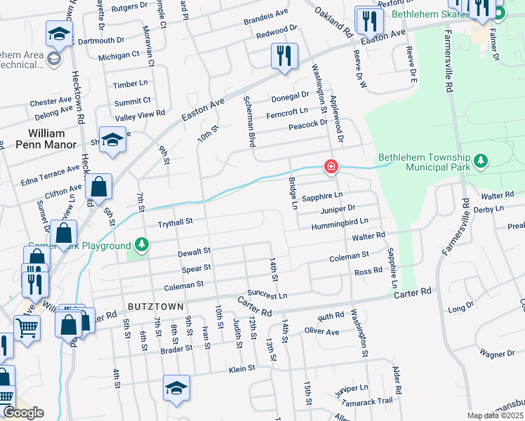 map of restaurants, bars, coffee shops, grocery stores, and more near 3814 Trythall Street in Bethlehem