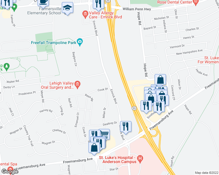 map of restaurants, bars, coffee shops, grocery stores, and more near 2289 Cook Drive in Bethlehem