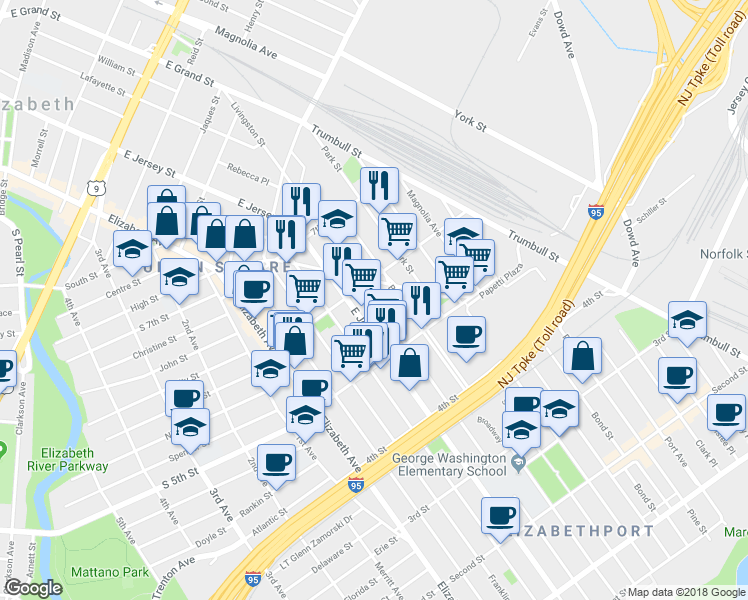 map of restaurants, bars, coffee shops, grocery stores, and more near 548 Livingston St in Elizabeth