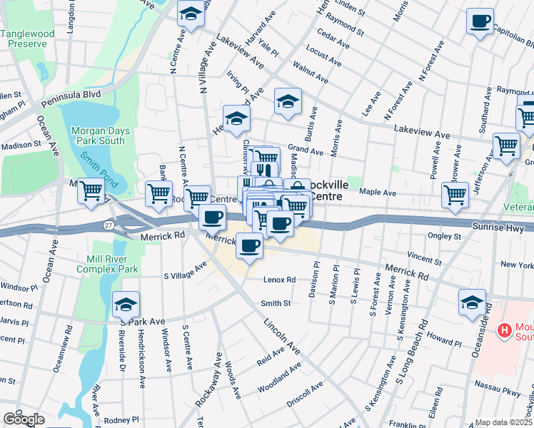 map of restaurants, bars, coffee shops, grocery stores, and more near 279A Sunrise Highway in Rockville Centre