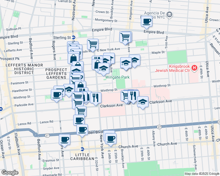 map of restaurants, bars, coffee shops, grocery stores, and more near 443 Winthrop Street in Brooklyn