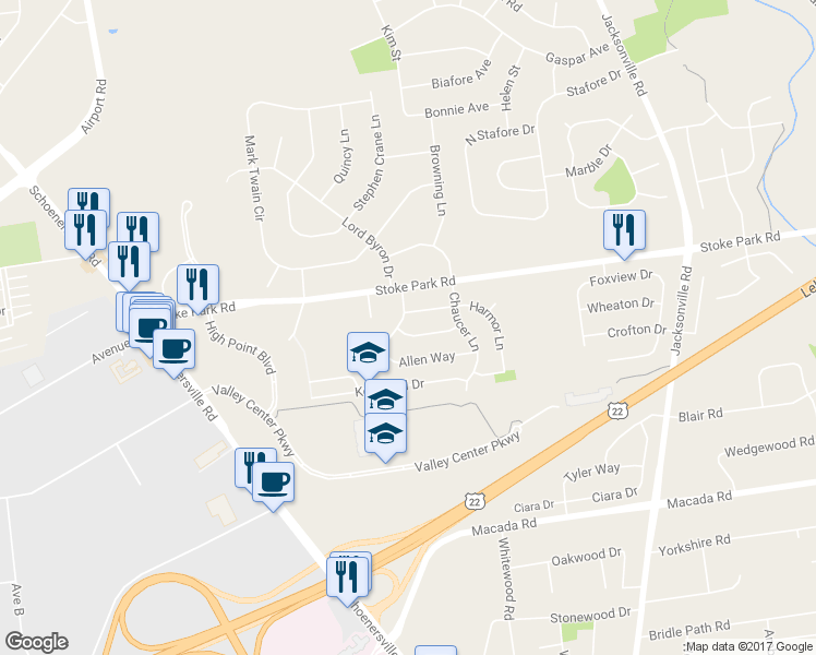map of restaurants, bars, coffee shops, grocery stores, and more near 1590 Winthrop Avenue in Bethlehem