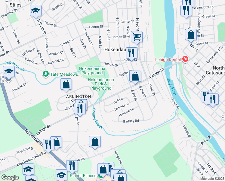 map of restaurants, bars, coffee shops, grocery stores, and more near 3146 Terrace Circle in Hokendauqua