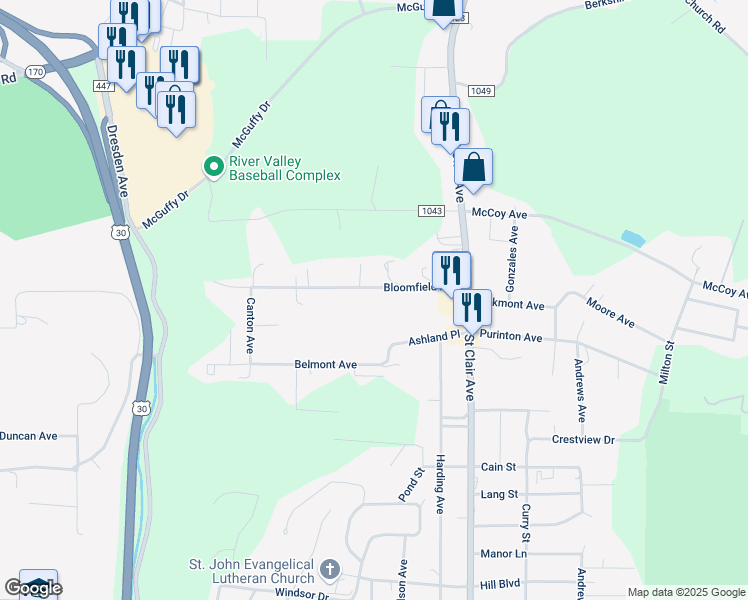 map of restaurants, bars, coffee shops, grocery stores, and more near 48841 Bloomfield Avenue in East Liverpool