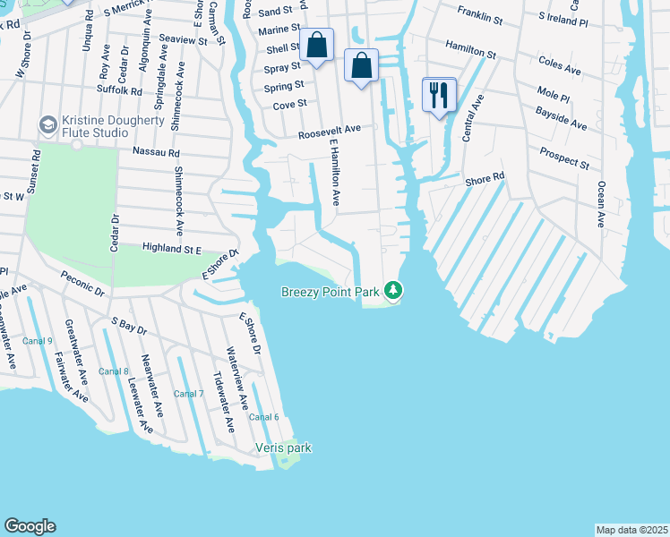 map of restaurants, bars, coffee shops, grocery stores, and more near 32 Pirates Cove in Massapequa