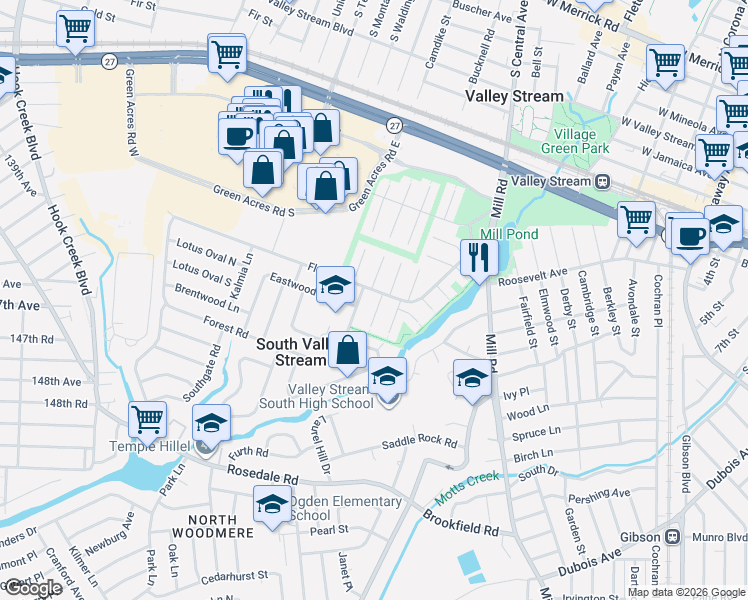 map of restaurants, bars, coffee shops, grocery stores, and more near 18 Firethorne Lane in Valley Stream