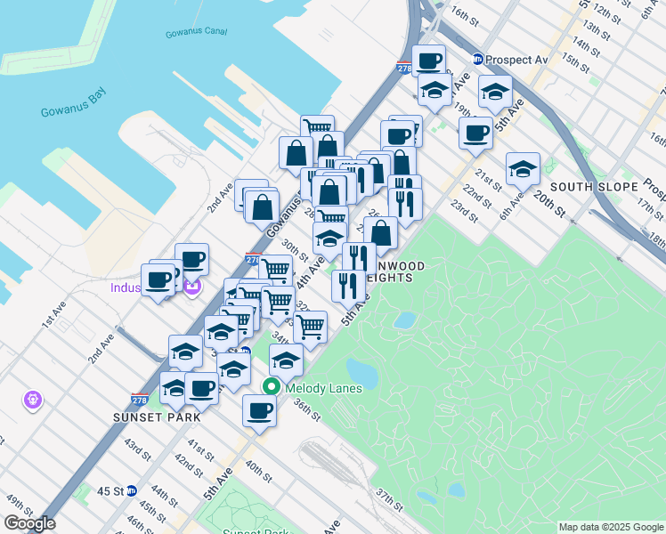 map of restaurants, bars, coffee shops, grocery stores, and more near 825 4th Avenue in Brooklyn