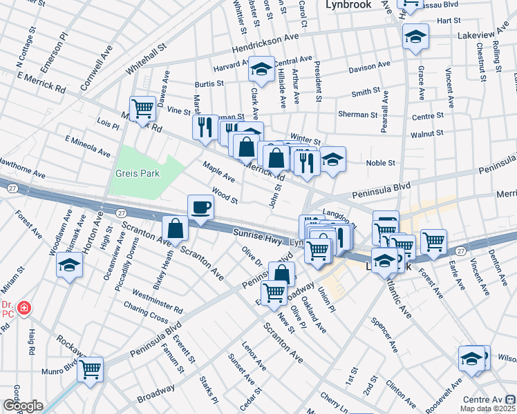 map of restaurants, bars, coffee shops, grocery stores, and more near 114 Wood Street in Lynbrook