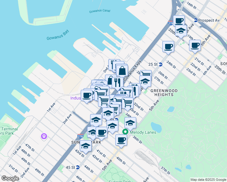 map of restaurants, bars, coffee shops, grocery stores, and more near 882 3rd Avenue in Brooklyn