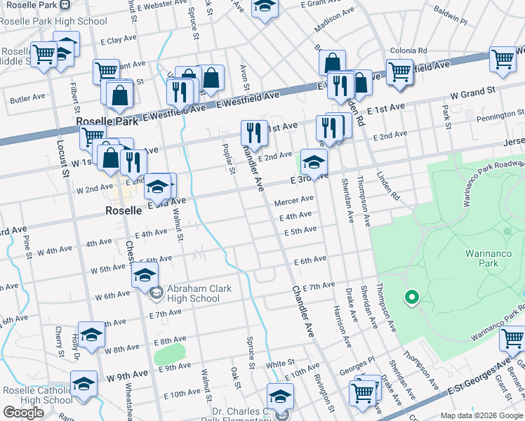 map of restaurants, bars, coffee shops, grocery stores, and more near 322 Mercer Avenue in Roselle
