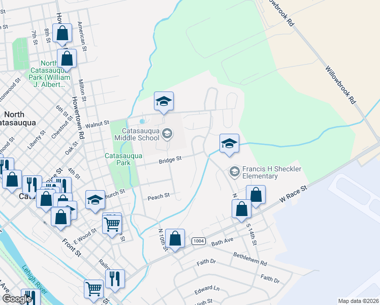 map of restaurants, bars, coffee shops, grocery stores, and more near 938 Bridge Street in Catasauqua