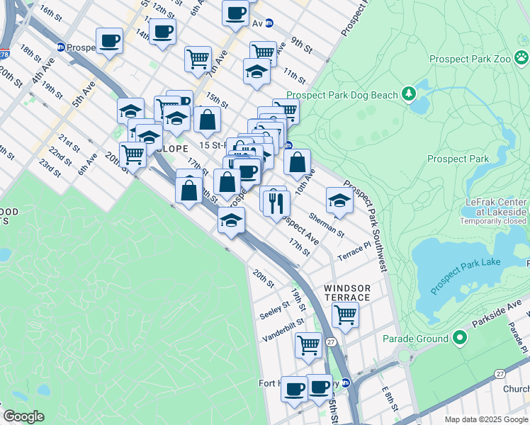 map of restaurants, bars, coffee shops, grocery stores, and more near 559 17th Street in Brooklyn