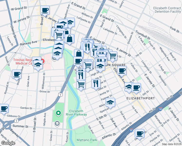 map of restaurants, bars, coffee shops, grocery stores, and more near 804 3rd Avenue in Elizabeth
