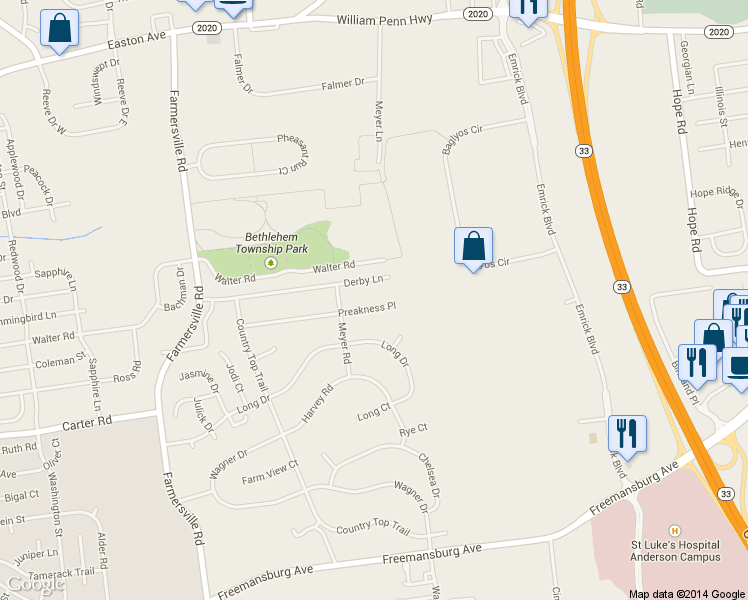 map of restaurants, bars, coffee shops, grocery stores, and more near 4991 Preakness Place in Bethlehem