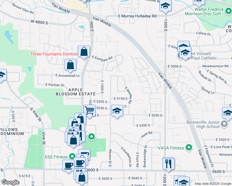 map of restaurants, bars, coffee shops, grocery stores, and more near 5154 South Lori Way in Salt Lake City