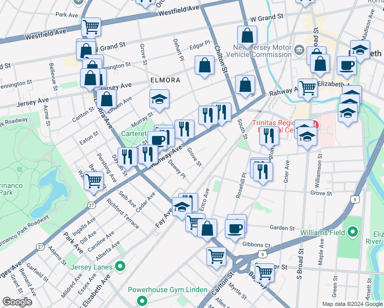 map of restaurants, bars, coffee shops, grocery stores, and more near 1048 Grove Street in Elizabeth