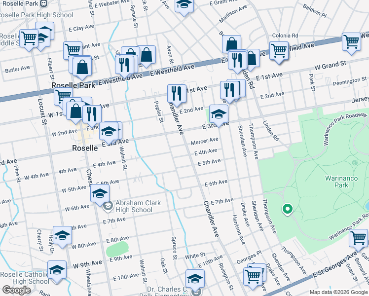 map of restaurants, bars, coffee shops, grocery stores, and more near 322 Mercer Avenue in Roselle