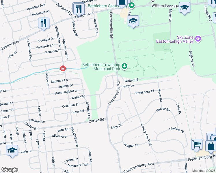 map of restaurants, bars, coffee shops, grocery stores, and more near 2700 Bachman Drive in Bethlehem