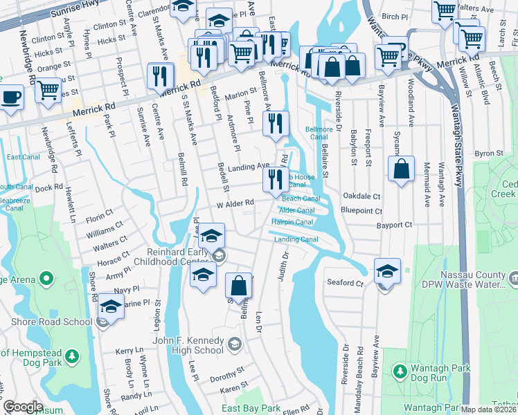 map of restaurants, bars, coffee shops, grocery stores, and more near 2667 Corner Ln in Bellmore