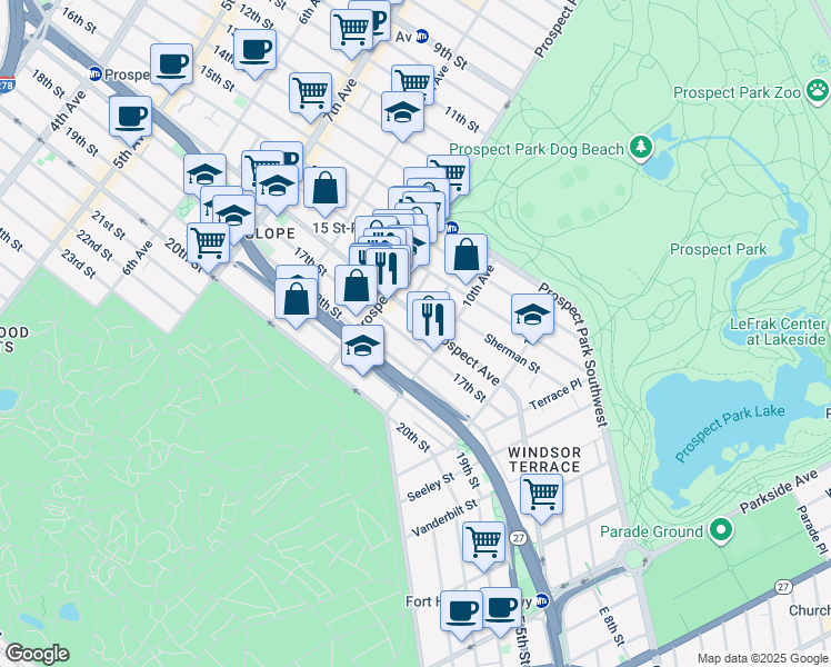 map of restaurants, bars, coffee shops, grocery stores, and more near 543 17th Street in Brooklyn