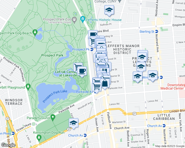 map of restaurants, bars, coffee shops, grocery stores, and more near 217 Ocean Avenue in Brooklyn