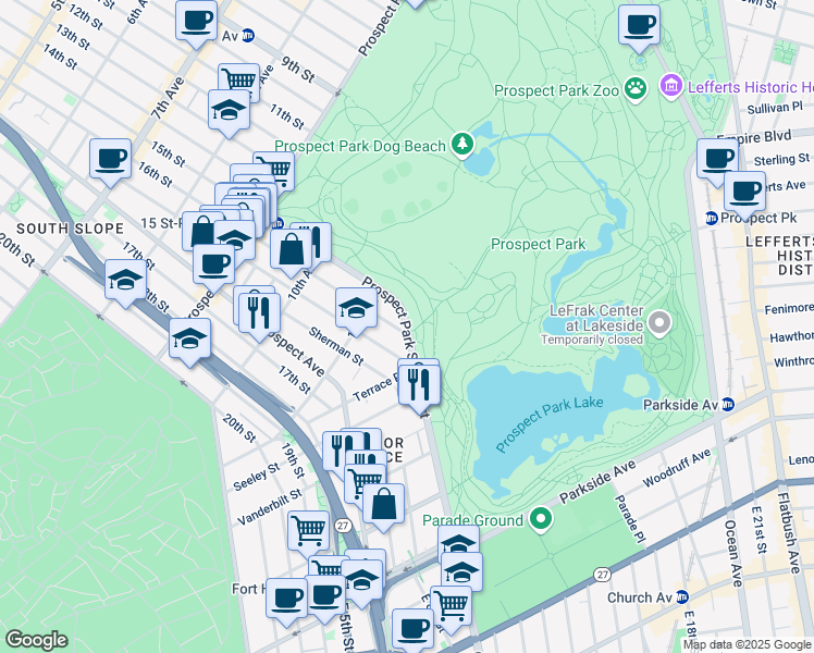 map of restaurants, bars, coffee shops, grocery stores, and more near 105 Prospect Park Southwest in Brooklyn