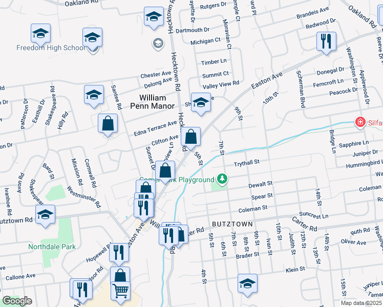 map of restaurants, bars, coffee shops, grocery stores, and more near 3452 Easton Avenue in Bethlehem