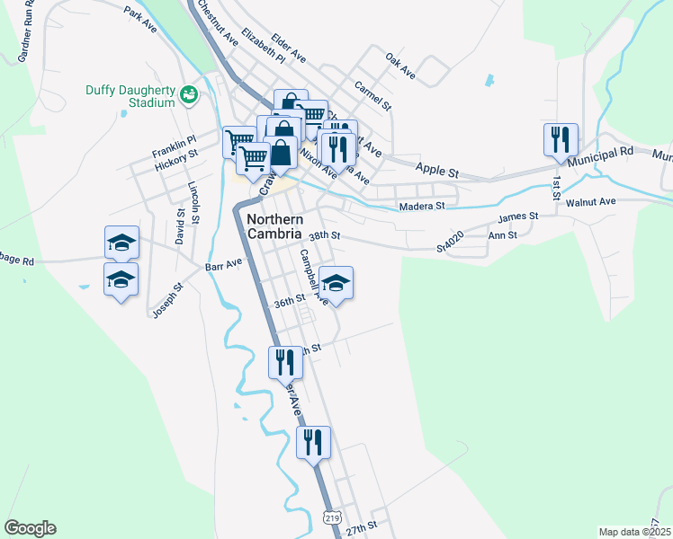 map of restaurants, bars, coffee shops, grocery stores, and more near 3601 Saint Stans Avenue in Northern Cambria