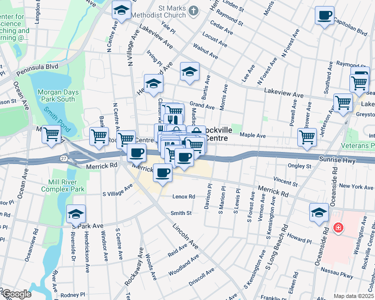 map of restaurants, bars, coffee shops, grocery stores, and more near 279a Sunrise Highway in Rockville Centre