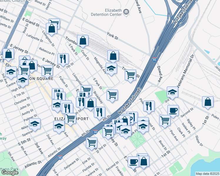 map of restaurants, bars, coffee shops, grocery stores, and more near 501 Court Street in Elizabeth