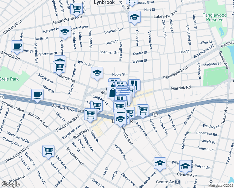 map of restaurants, bars, coffee shops, grocery stores, and more near 337 Merrick Road in Lynbrook